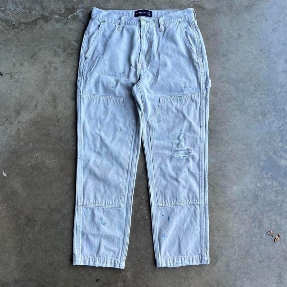 Abercrombie & fitch double knee painted splatter workwear jeans white cream